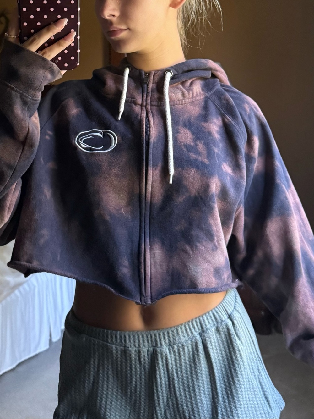 Cropped Tie-Dye Zip Hoodie - Navy & Pink